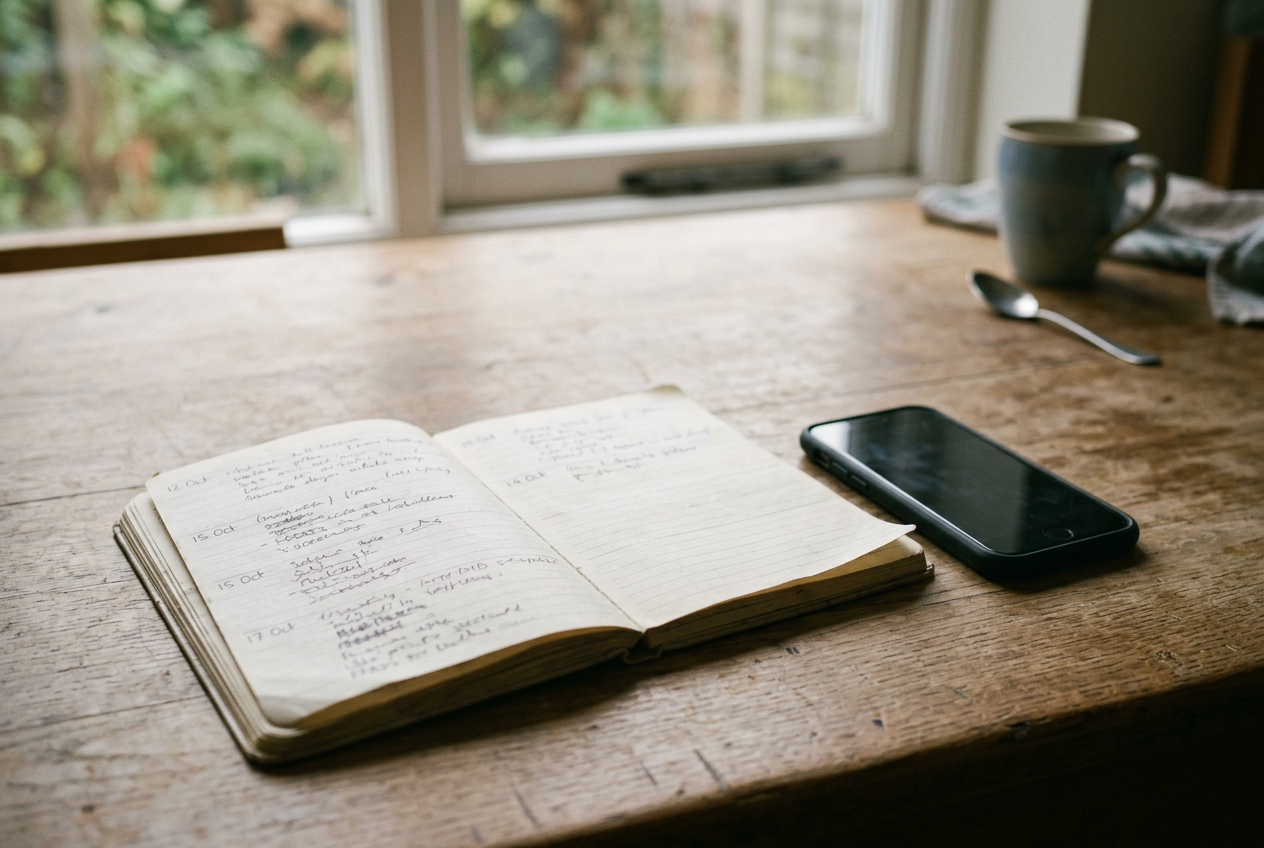 A notebook with dated entries rests beside a phone on a kitchen table.