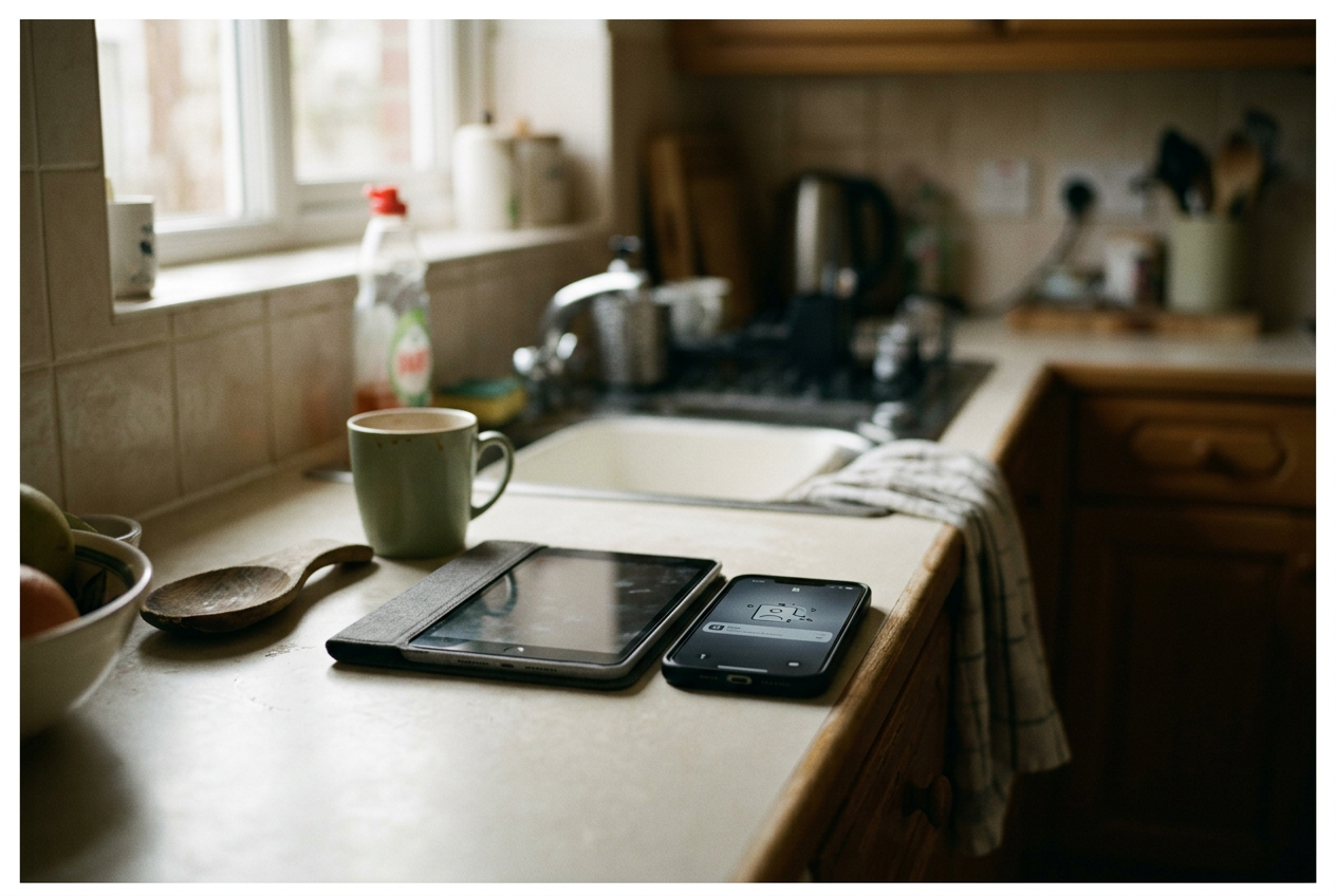 A family tablet beside a phone displaying a saved screenshot of a health app notification.