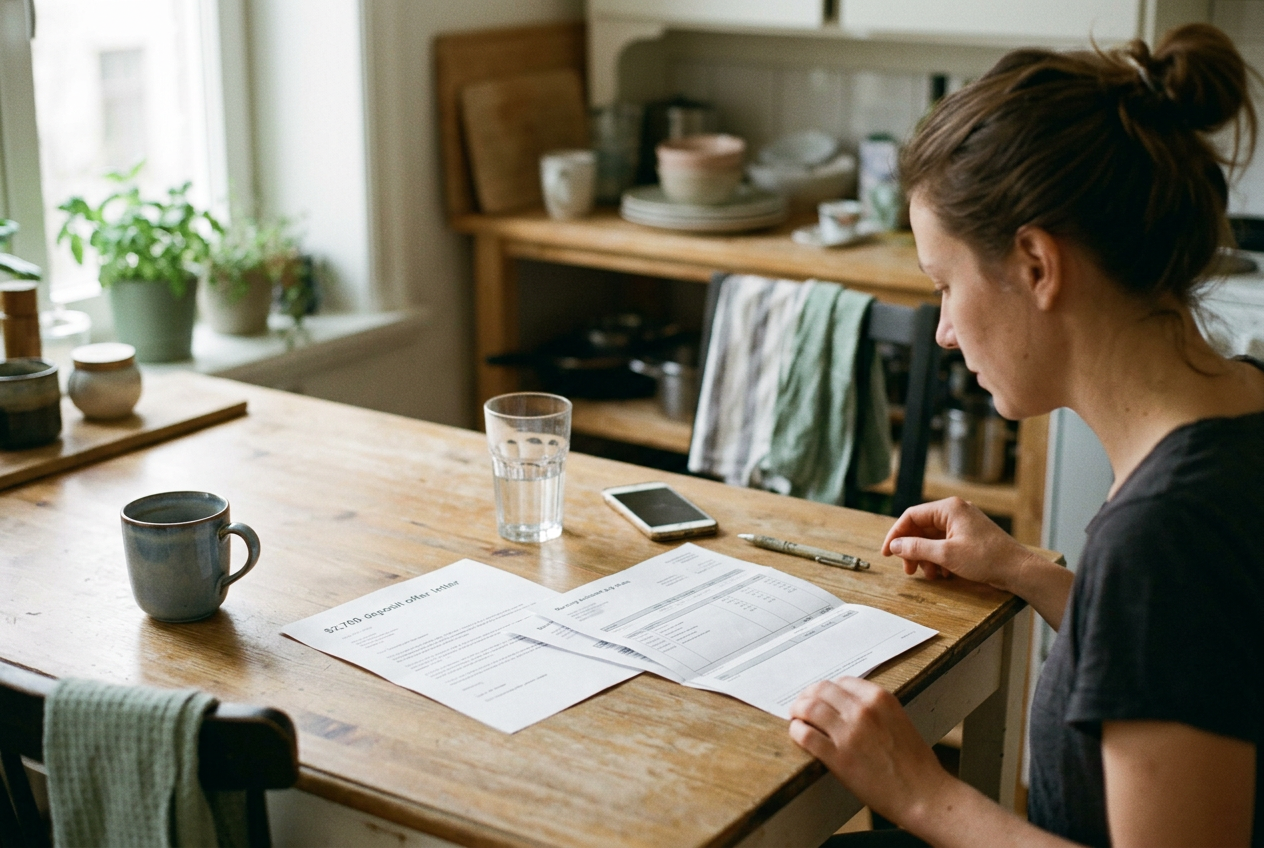 A printed apartment offer showing a $2,700 deposit beside pay stubs on a kitchen table.