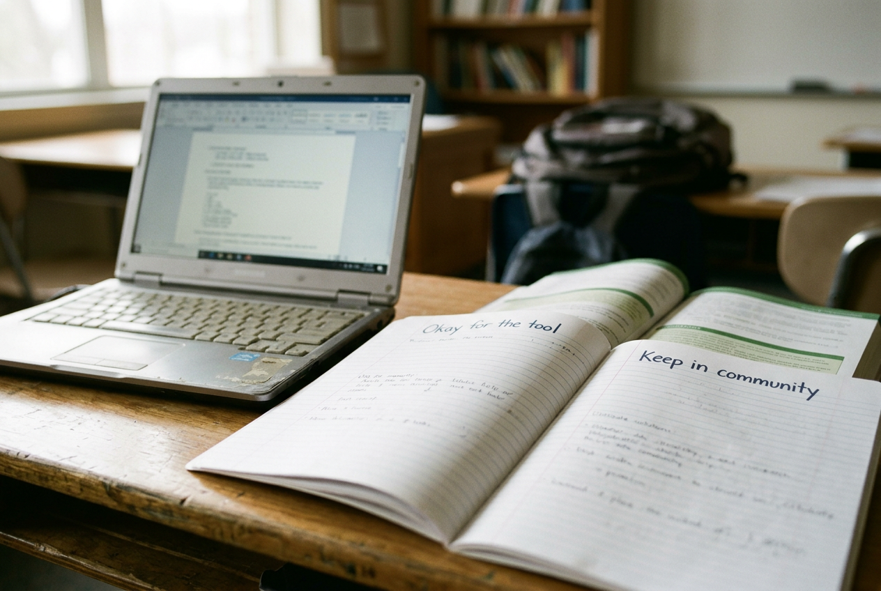 An open notebook beside a laptop, with pages labeled for language allowed in a tool and language kept within the community.