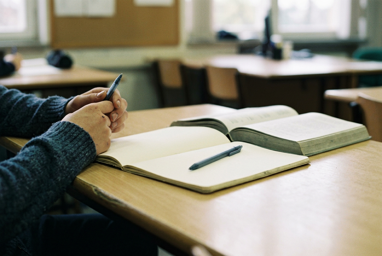 An open notebook on a classroom table separates language material into open practice and keep-here categories.