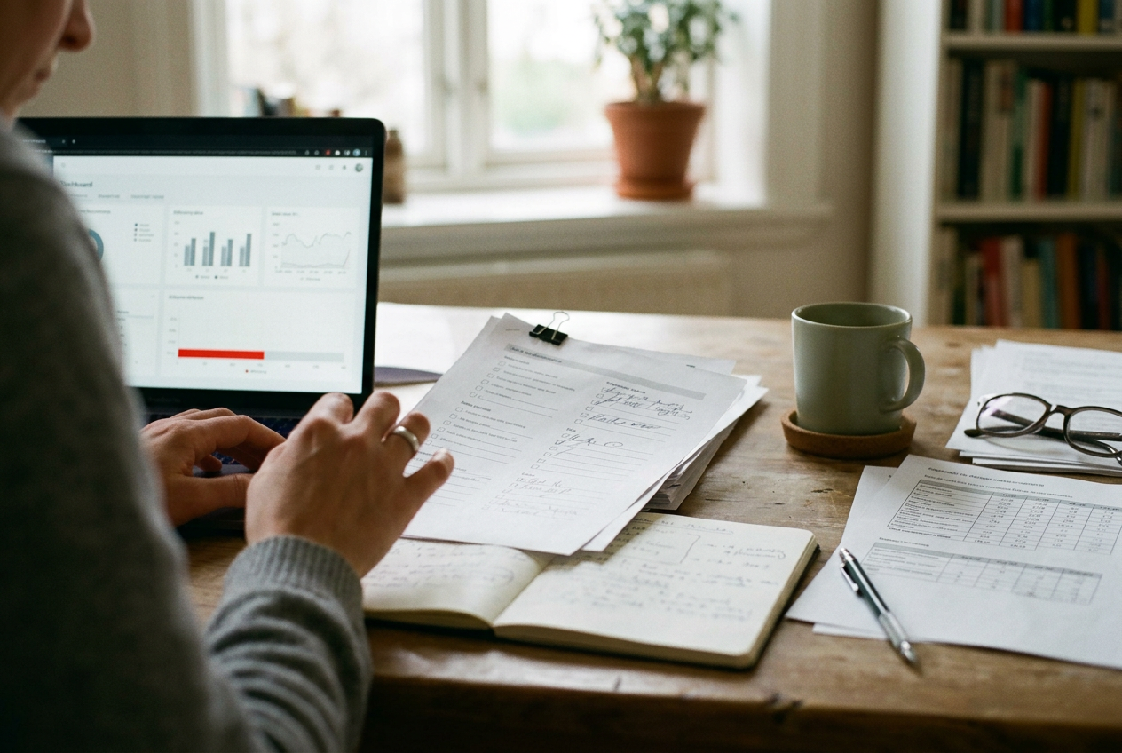 A spreadsheet beside printed schedules and task logs used to examine worker efficiency scores.