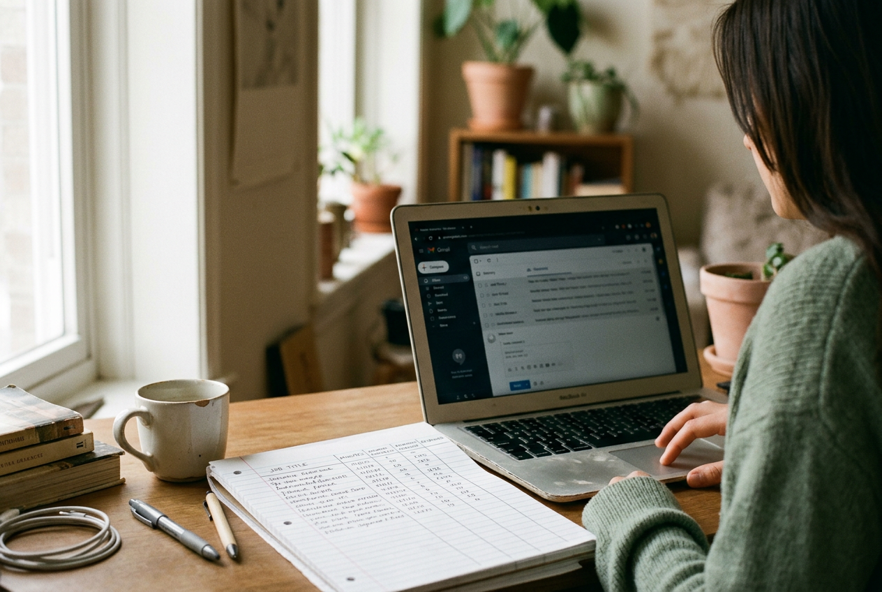 A laptop beside a spreadsheet tracking job applications, résumé versions and rejection times.