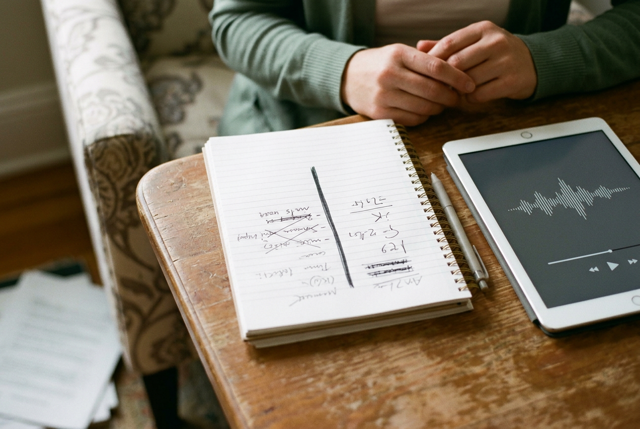A notebook open beside a tablet displaying an audio file, with handwritten entries divided by a line.