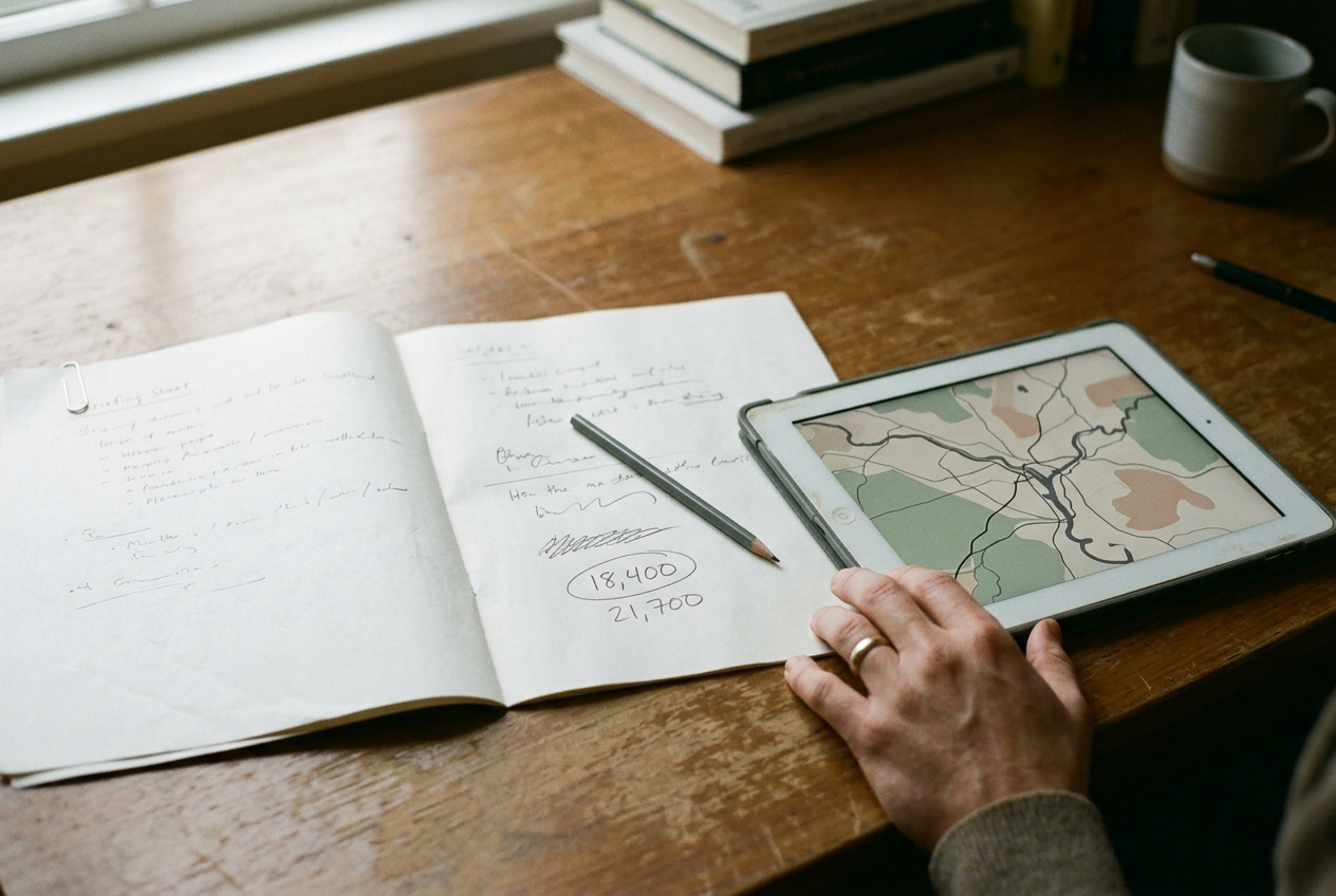 A printed wildfire briefing beside a tablet map, showing different acreage figures for the same fire.