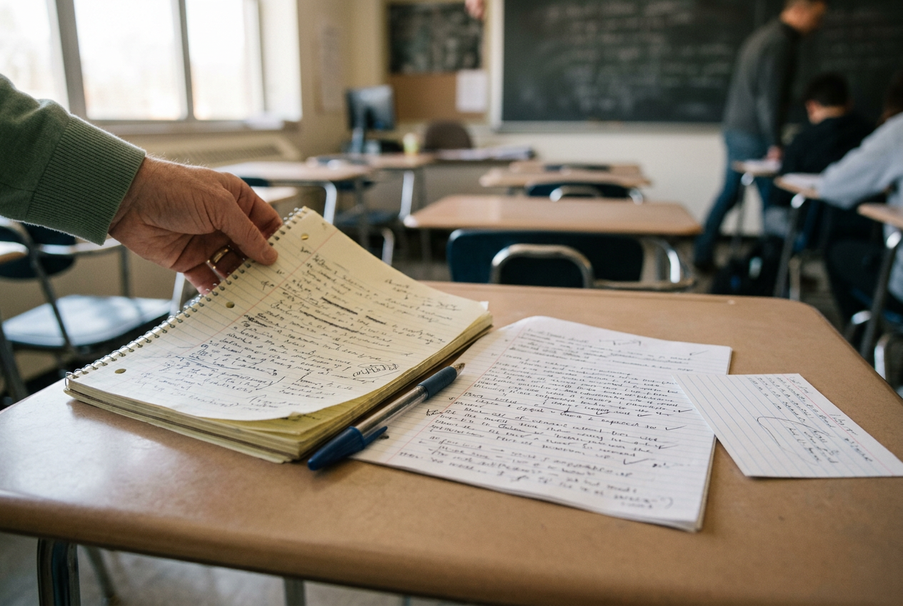 A notebook lies open beside student drafts and an index card on a high school teacher’s desk.