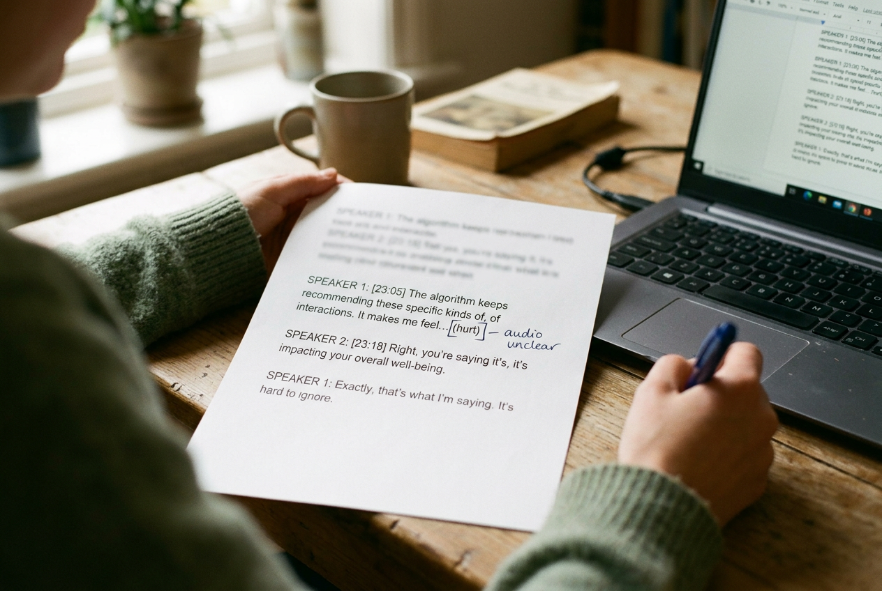 A printed jail-call transcript beside a laptop, with one disputed word bracketed in pen.
