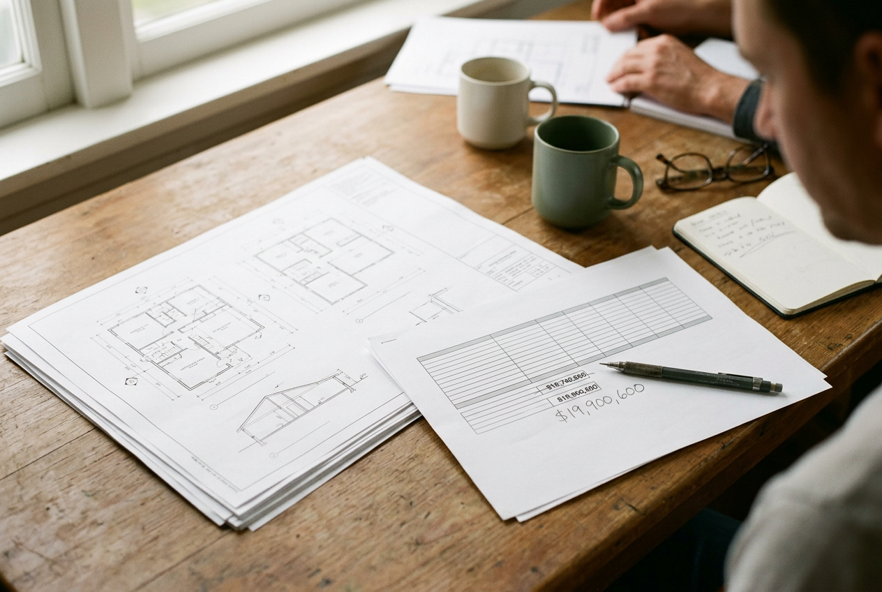 A printed construction cost plan with two dollar totals marked in pencil beside building drawings.