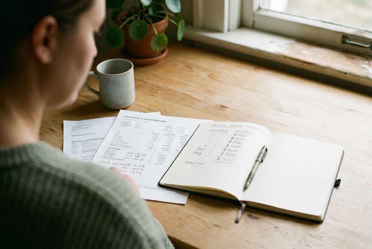 An open notebook with $500 contributions beside printed account statements and a car loan estimate.