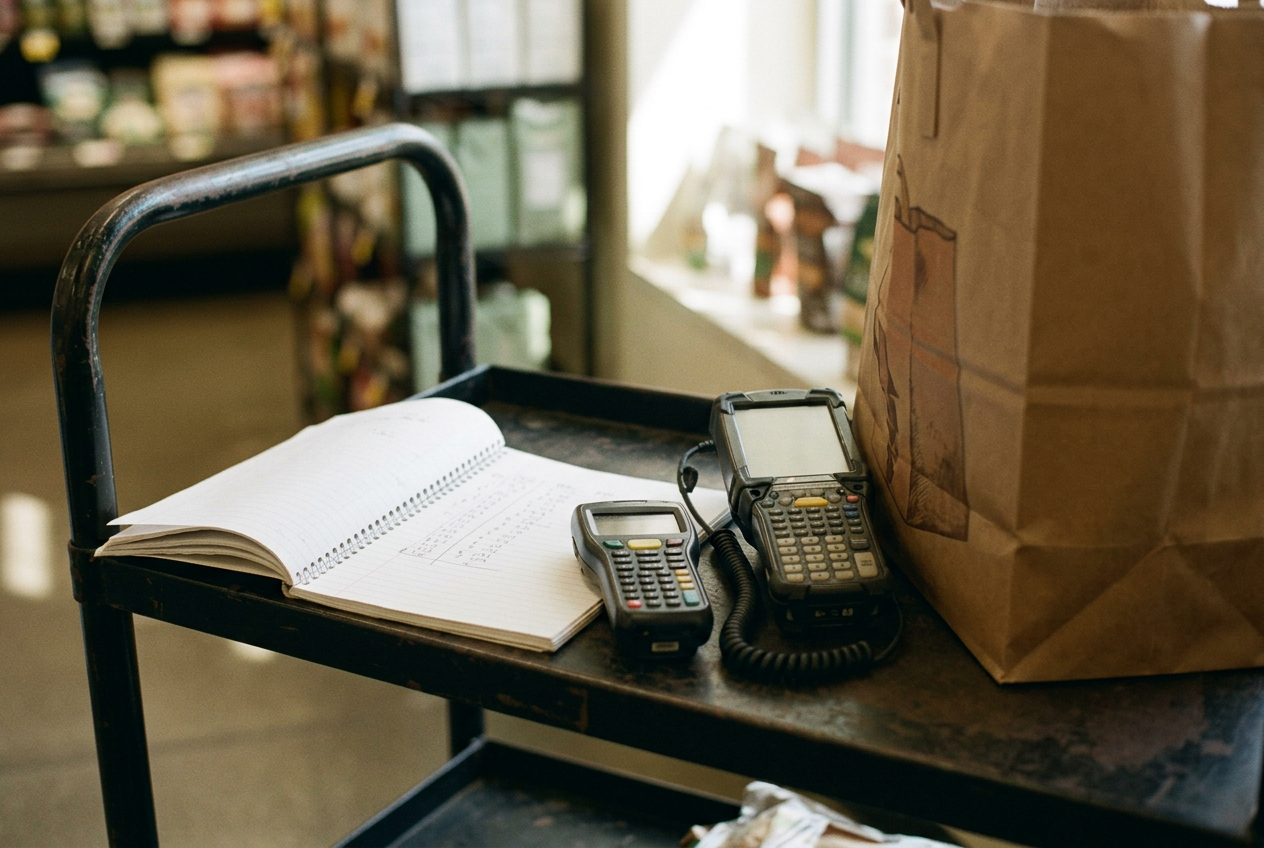 A notebook beside a grocery scanner and a 40-pound bag on an overnight stocking cart.