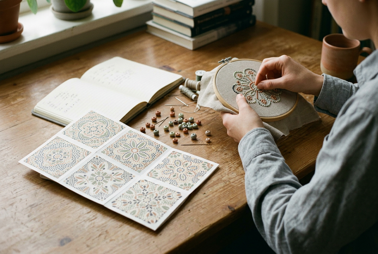 A printed sheet of six beadwork patterns beside loose beads, a notebook and an unfinished floral medallion.