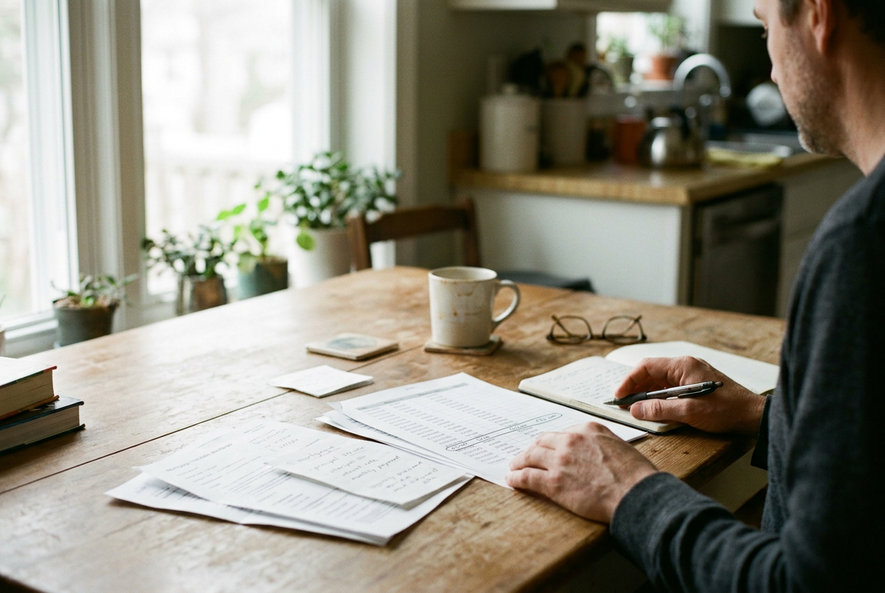 A spreadsheet showing $312,000 and $248,000 beside mortgage notes on a kitchen table.