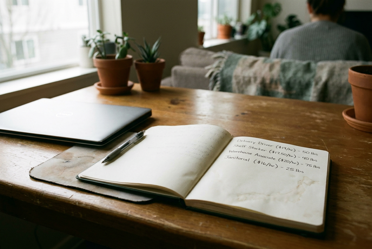 A notebook beside a laptop shows job titles, hourly wages and lifting requirements copied from postings.