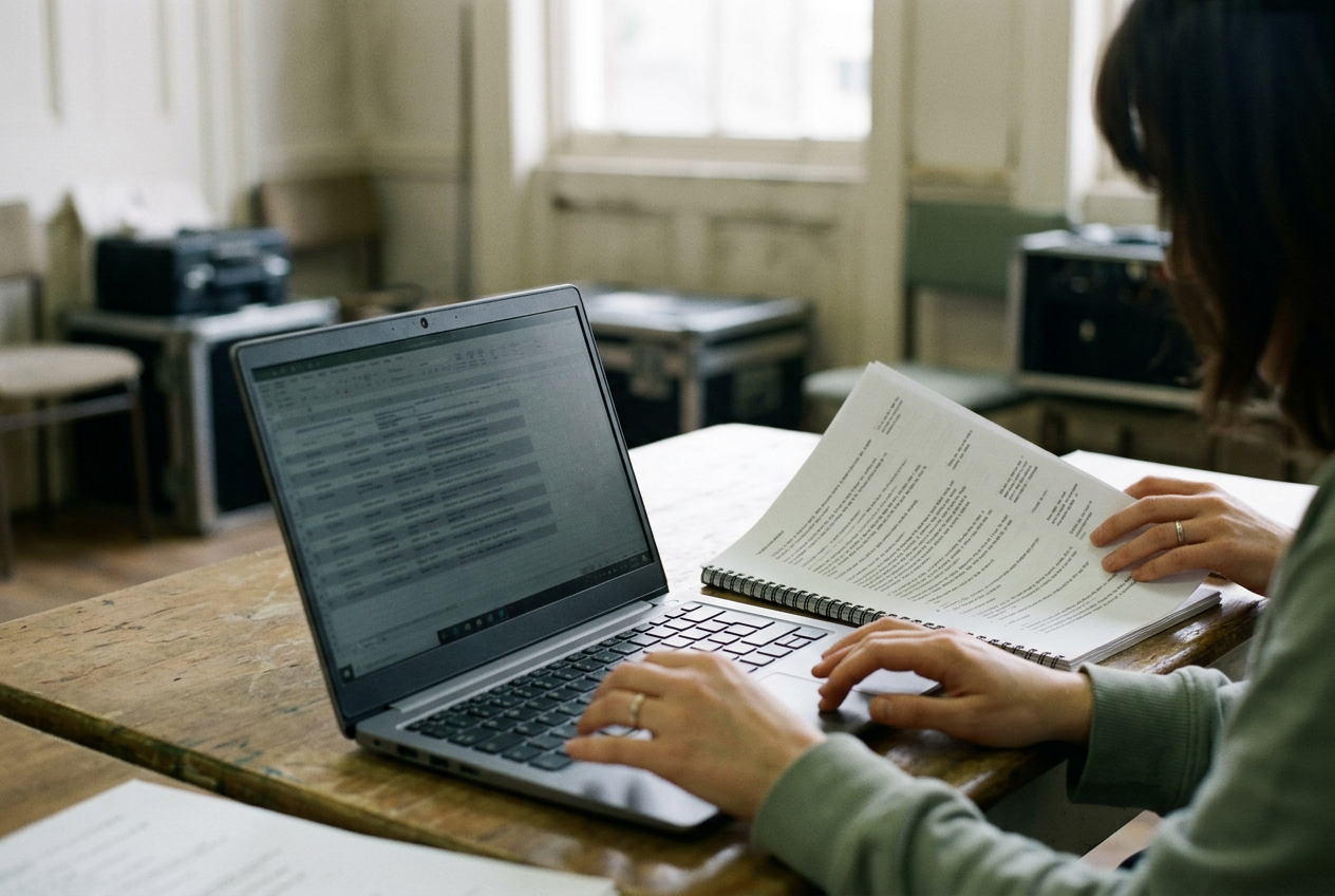A laptop showing a caption log beside a printed script in a small theater.