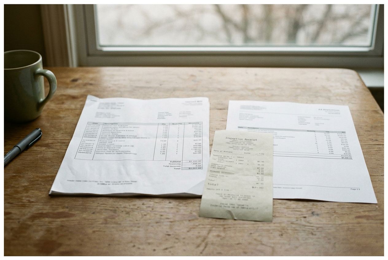 An itemized $4,860 repair bill beside a used-car inspection report marked low risk.