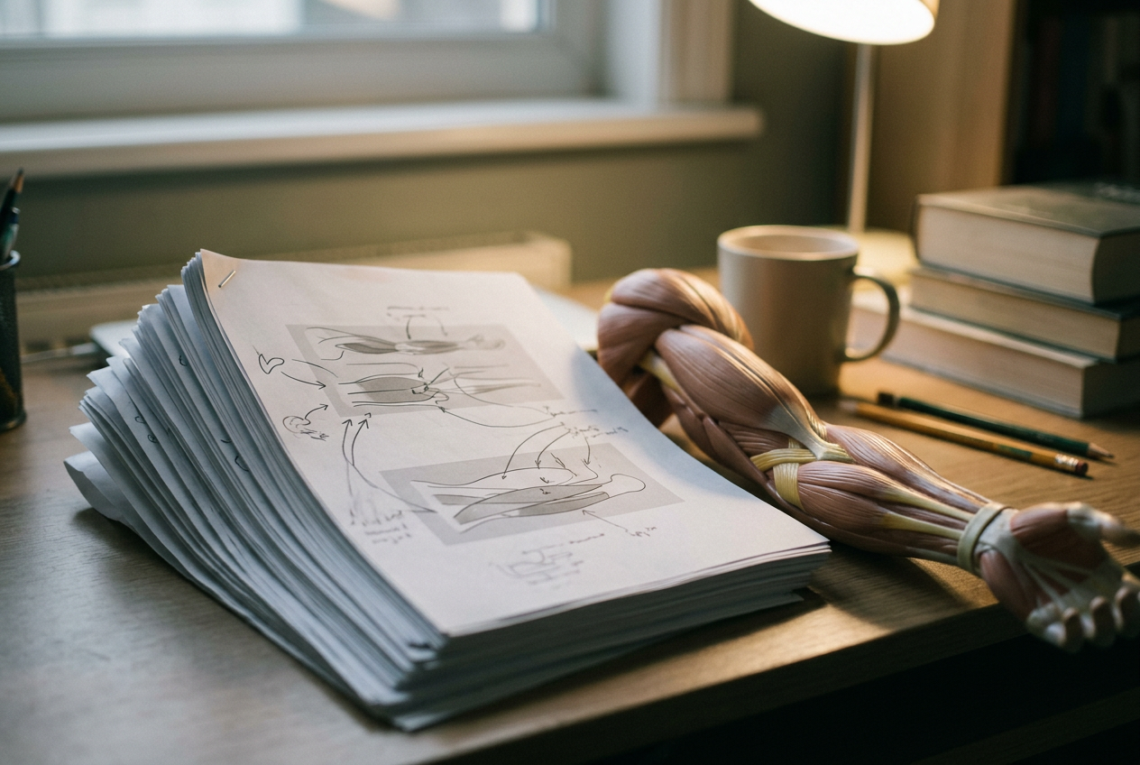 A printed lecture packet beside a plastic arm model, with anatomy arrows drawn into the page margins.