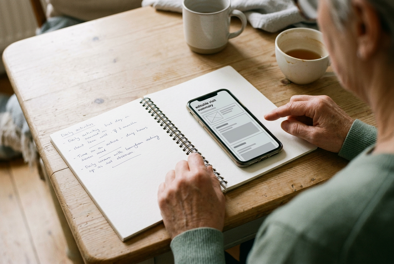 A caregiver’s notebook beside a phone displaying an editable home visit summary.