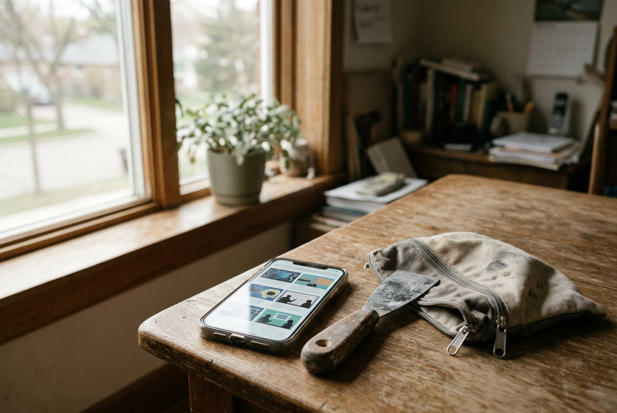 A worker’s phone displaying an appeal page beside cleaning supplies near a front door.