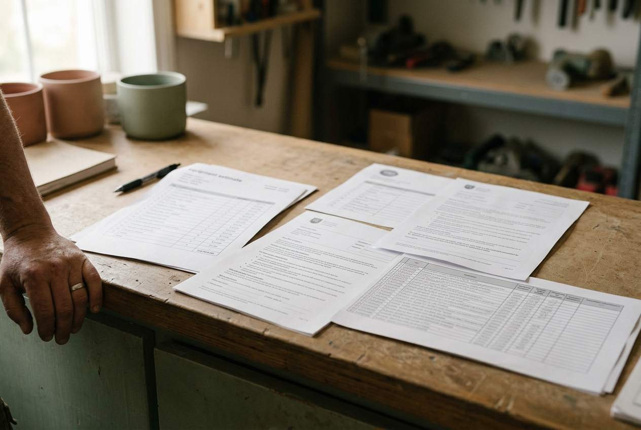 Two printed loan offers beside an equipment estimate and a spreadsheet of translated customer reviews.