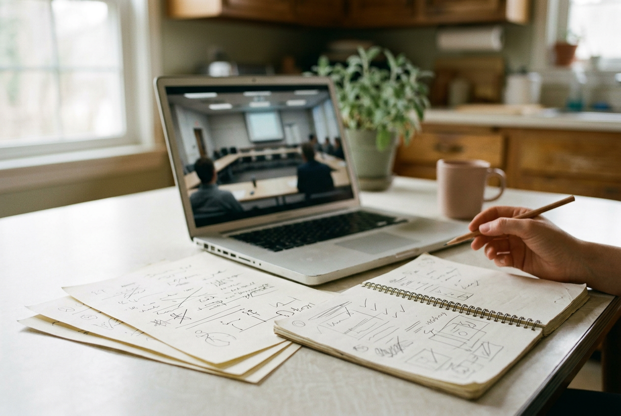 A six-page school meeting summary beside a notebook and an audio recording open on a laptop.