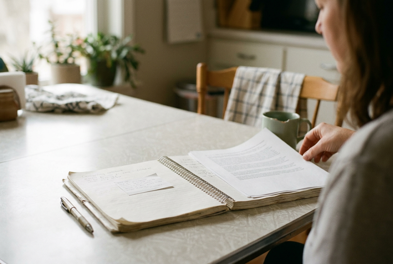 An open caregiving notebook beside a printed generated story on a kitchen table.