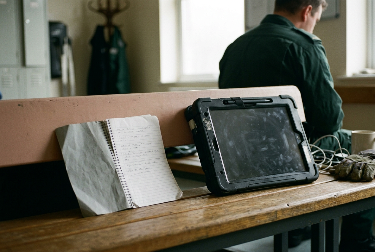 A paramedic’s notebook beside a tablet on an ambulance bench, with no patient information visible.