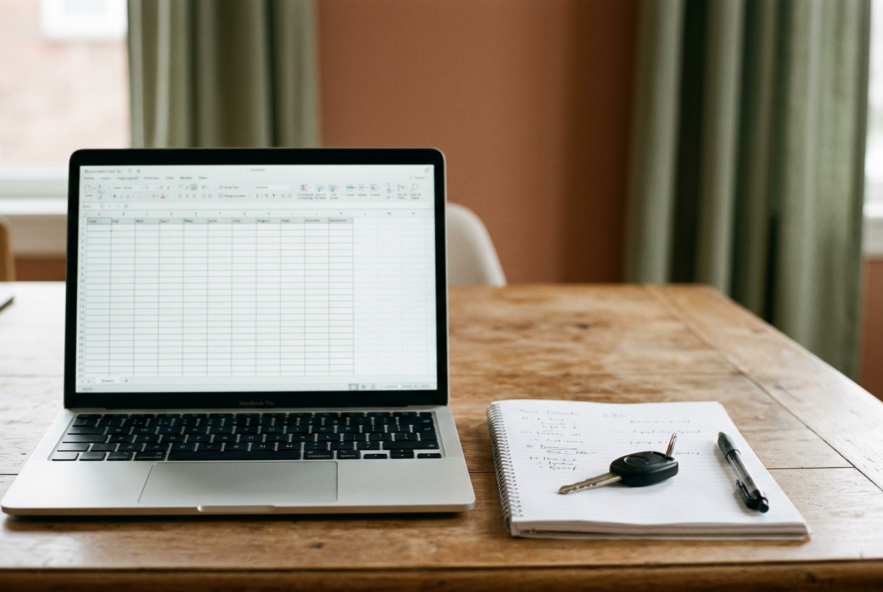 A laptop displaying a trip spreadsheet beside mileage notes and a car key on a table.