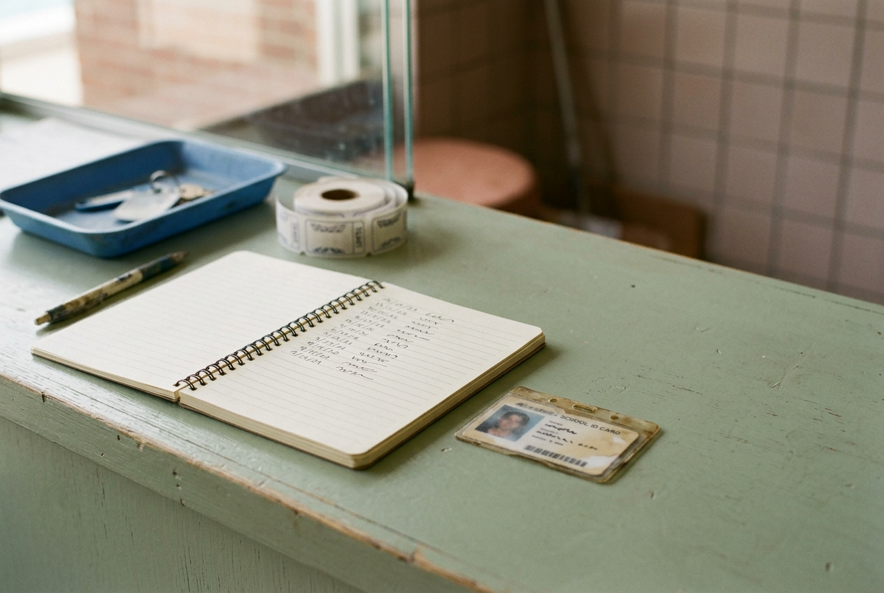 A school ID and open notebook rest on the entrance counter at a public swimming pool.