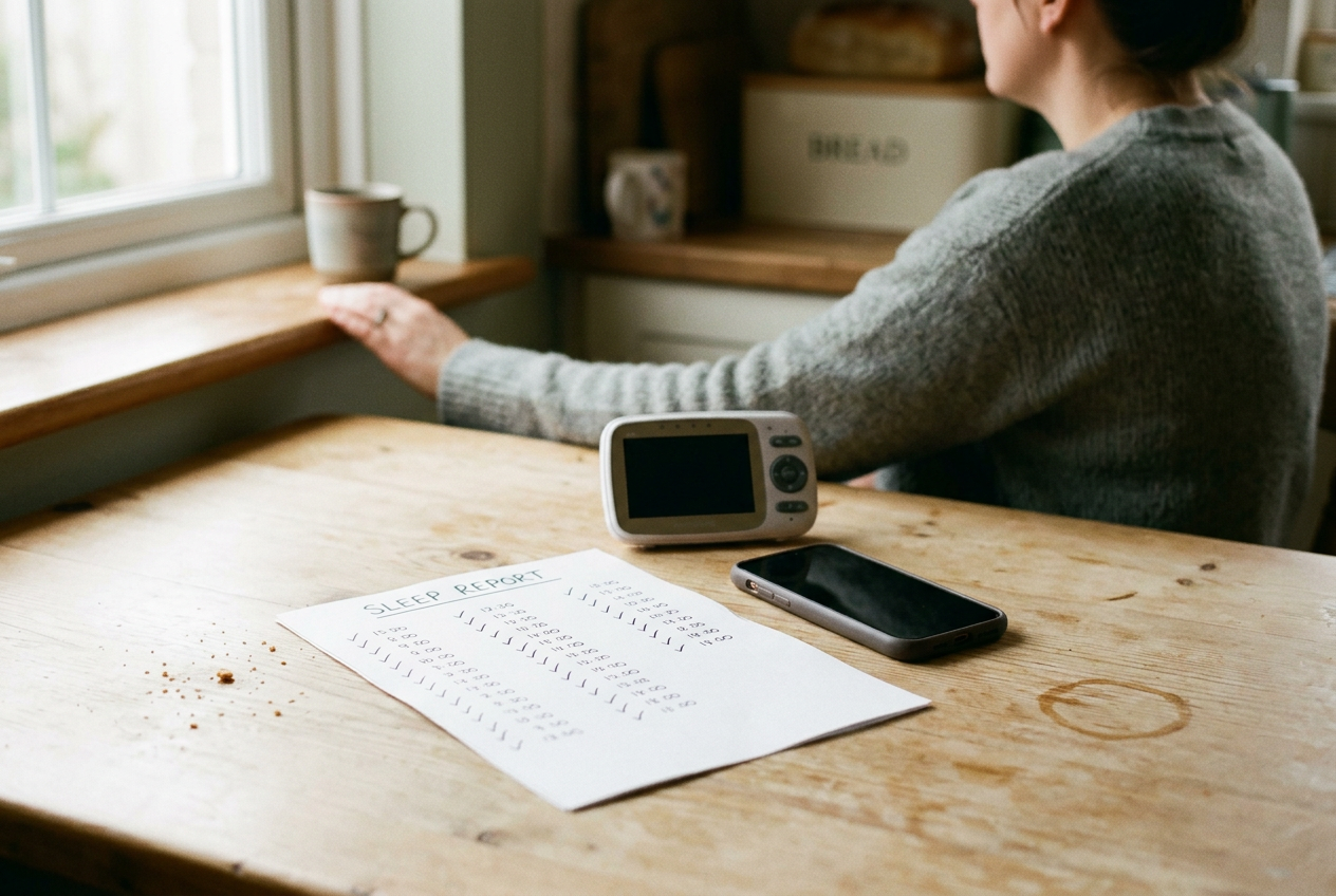 A printed baby sleep report lies beside a phone and baby monitor on a kitchen table.