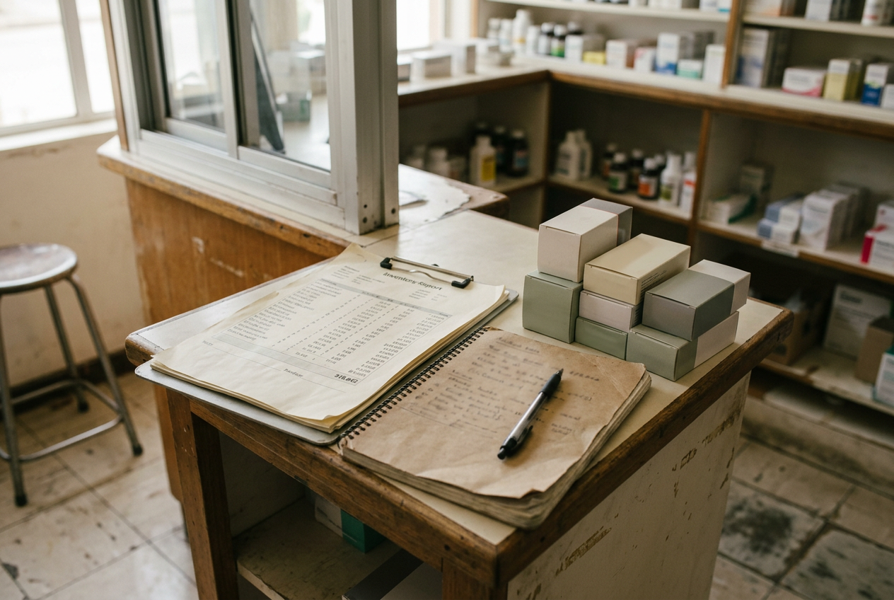 A pharmacy counter with an inventory report, a notebook and several medicine boxes awaiting review.