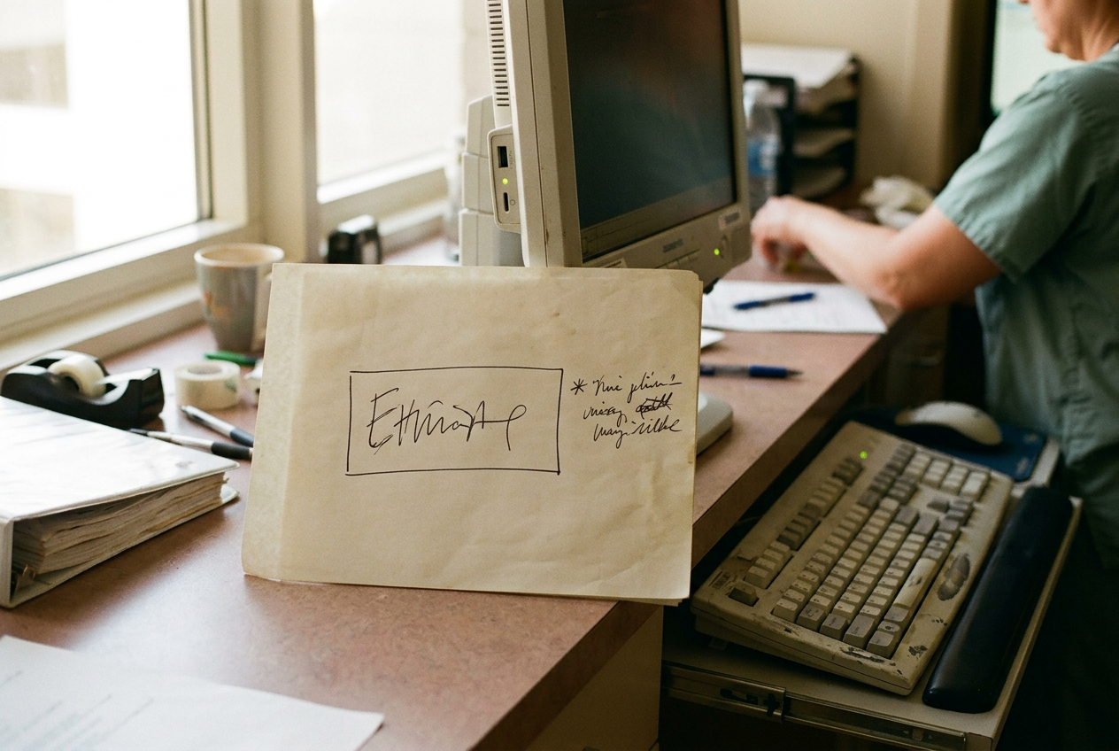 A printed hospital handoff sheet beside a pen and a closed clinical workstation.