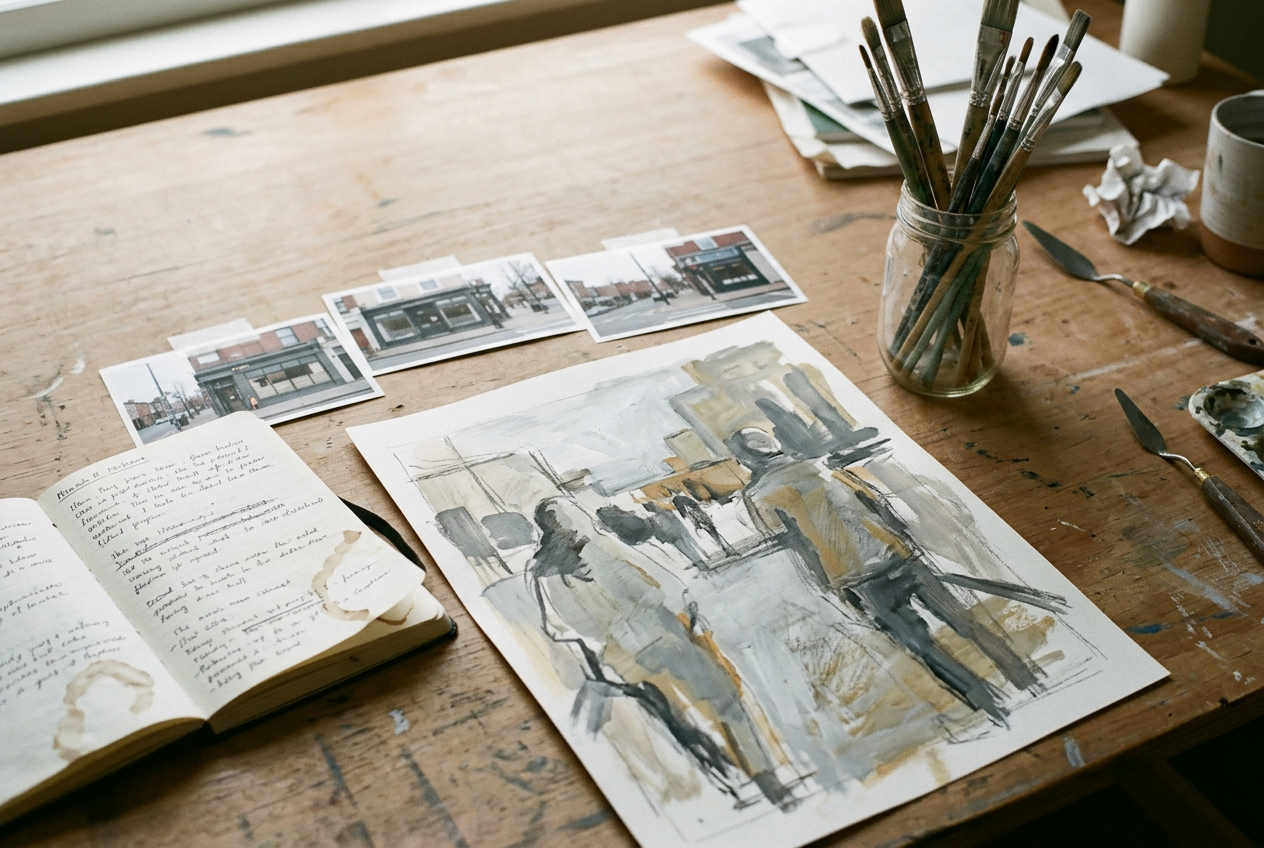 A marked-up mural concept printout beside student sketches and copied storefront photographs on a studio table.