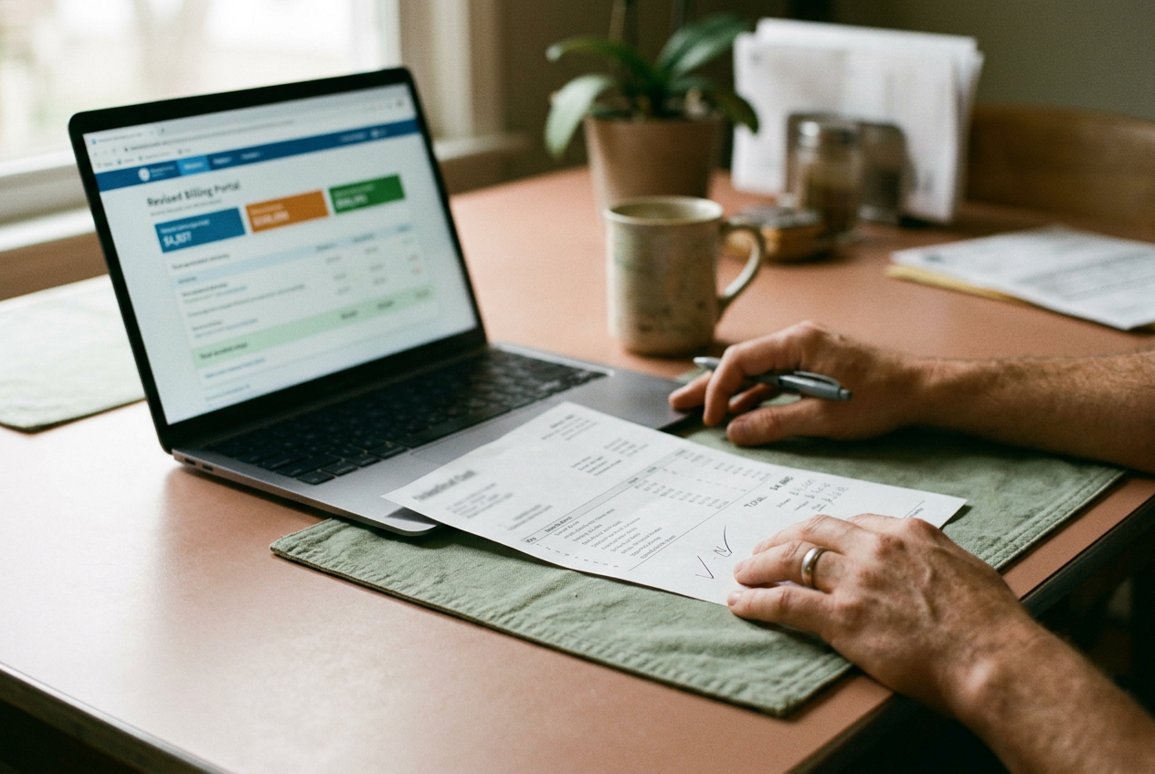 An itemized hospital bill beside handwritten payment calculations and a laptop showing an account balance.