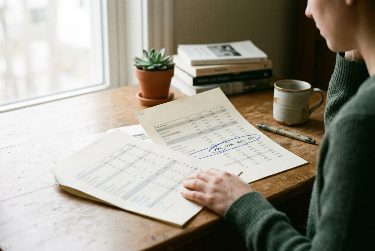 Two printed worker productivity reports showing different scores and a circled training-hours row.