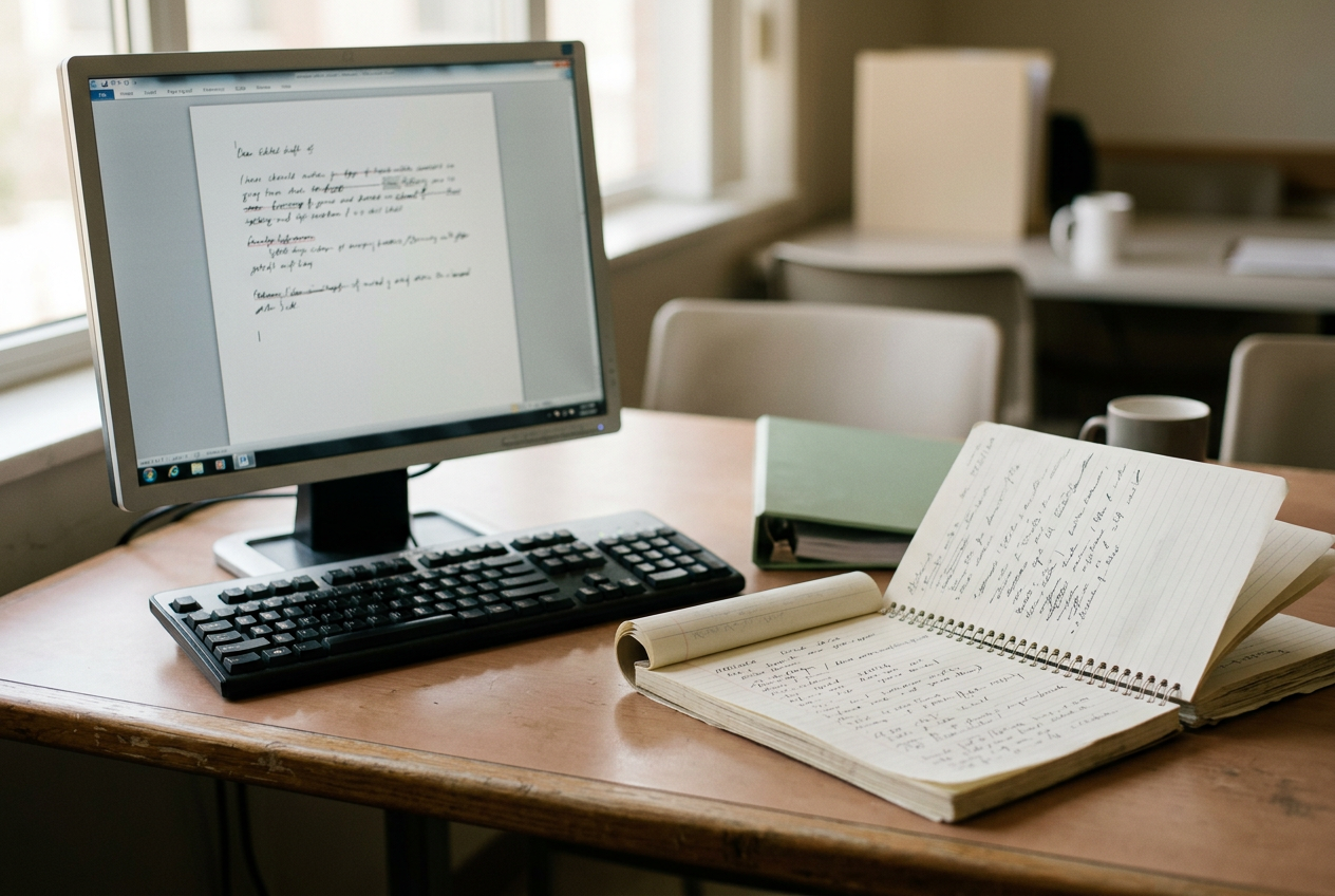A nurse’s notebook beside a computer displaying a draft clinical note with edits.