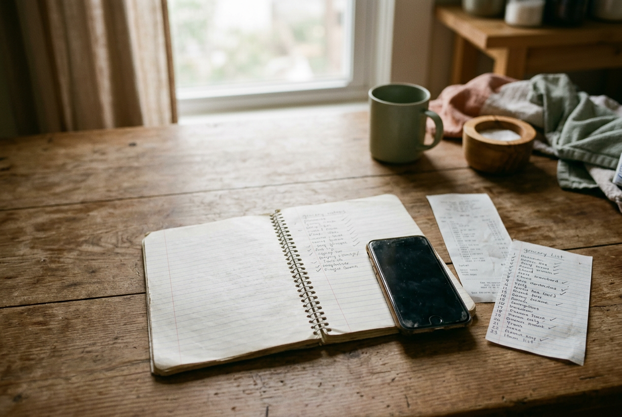 An open grocery notebook beside a phone, receipt and handwritten 23-item shopping list on a kitchen table.