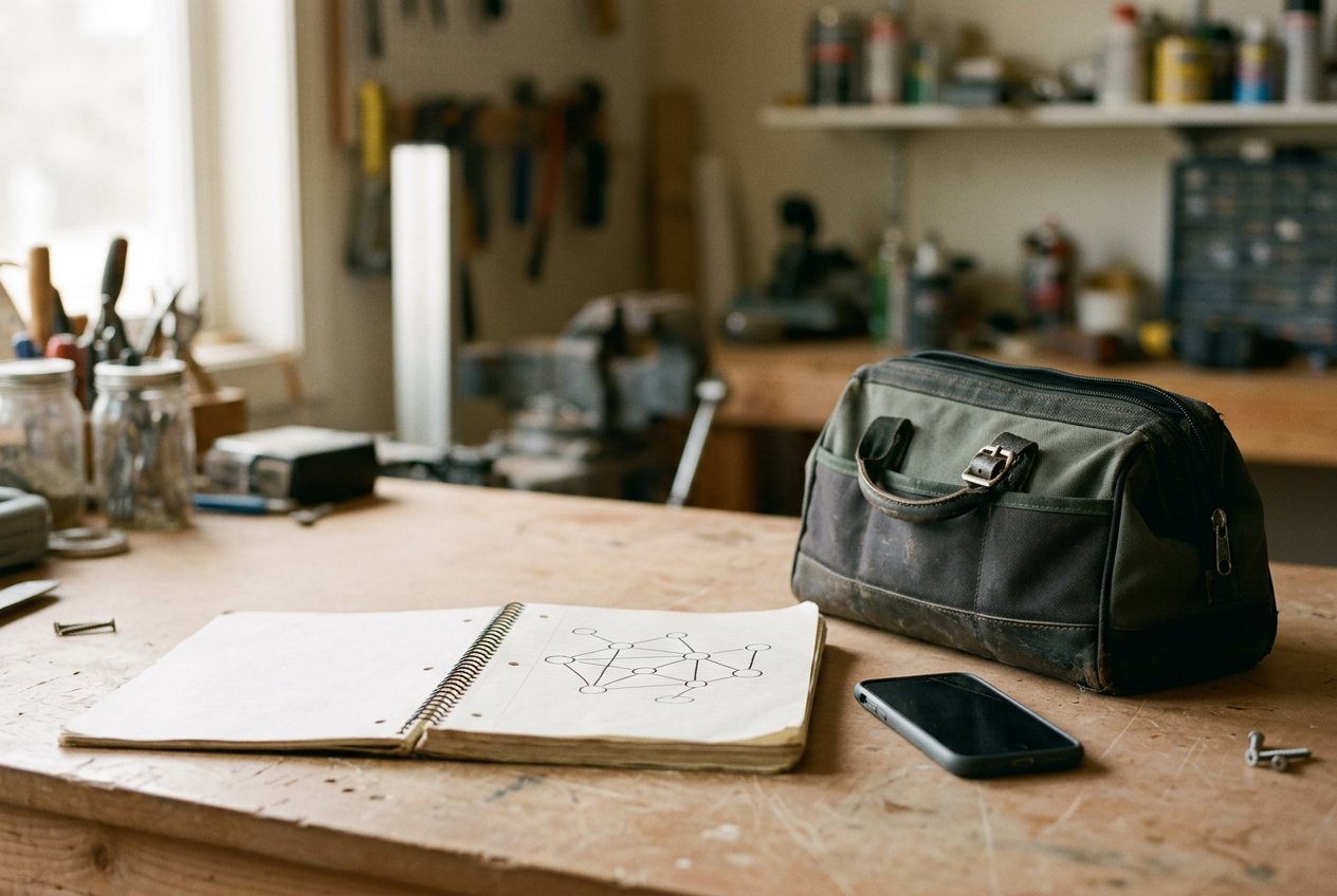 An electrician’s notebook open beside a phone and a hand-drawn shared-neutral circuit diagram.