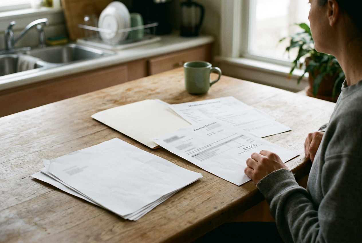 A four-page coverage denial beside a medication history and an infusion estimate marked $8,640.