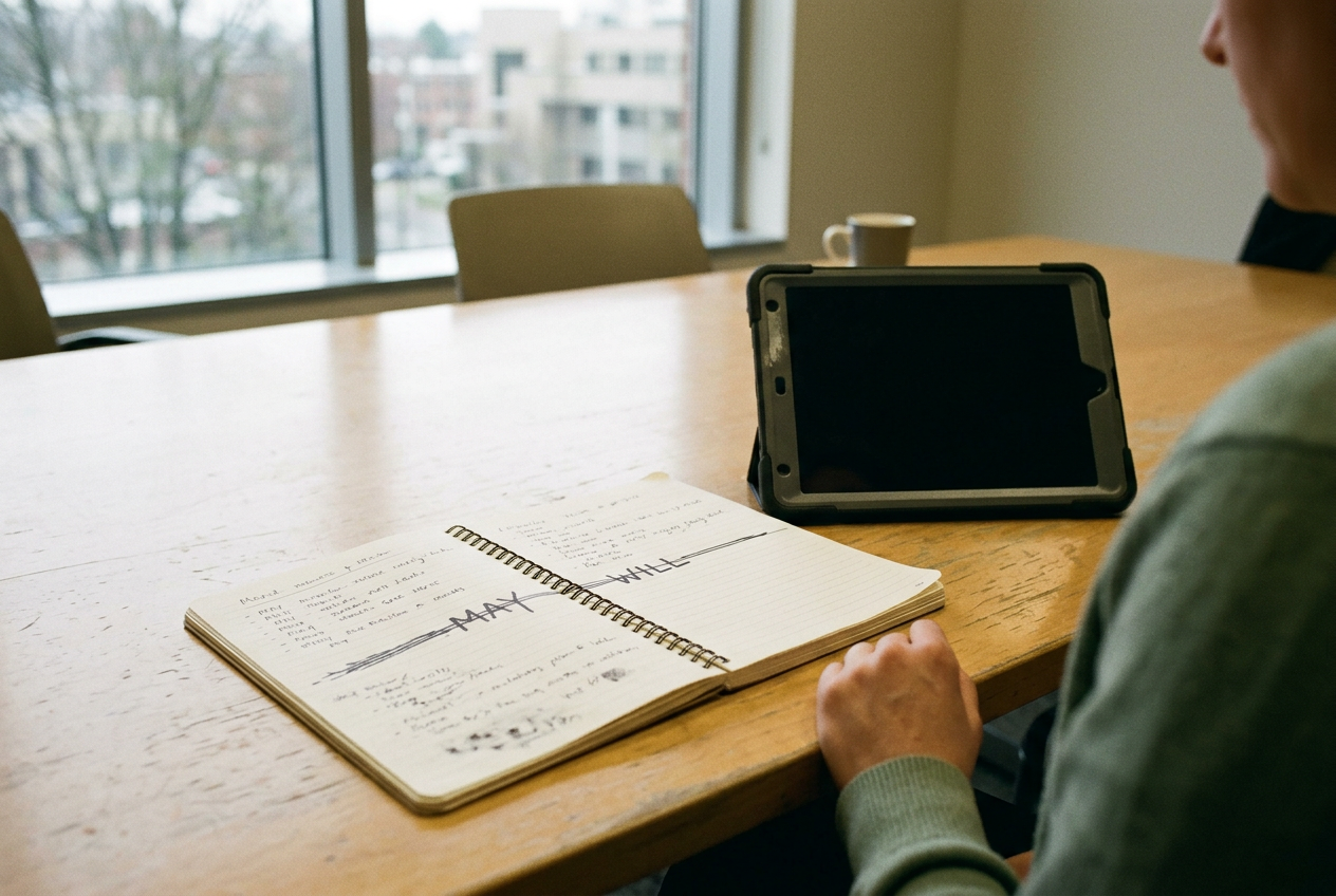 A notebook open beside a hospital tablet displaying translated text during a family care meeting.