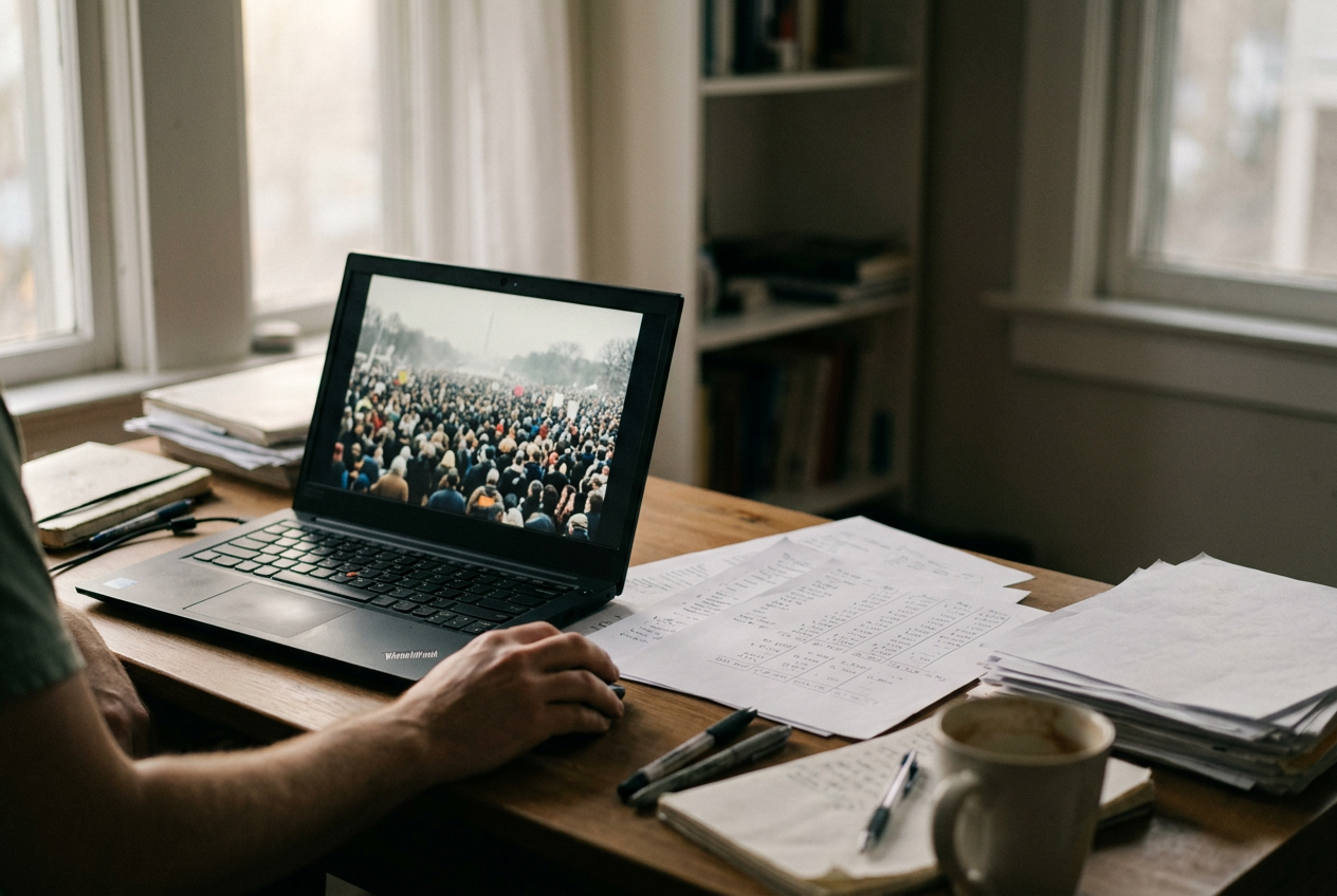 A laptop displays a film budget spreadsheet beside a monitor showing a wide crowd scene.