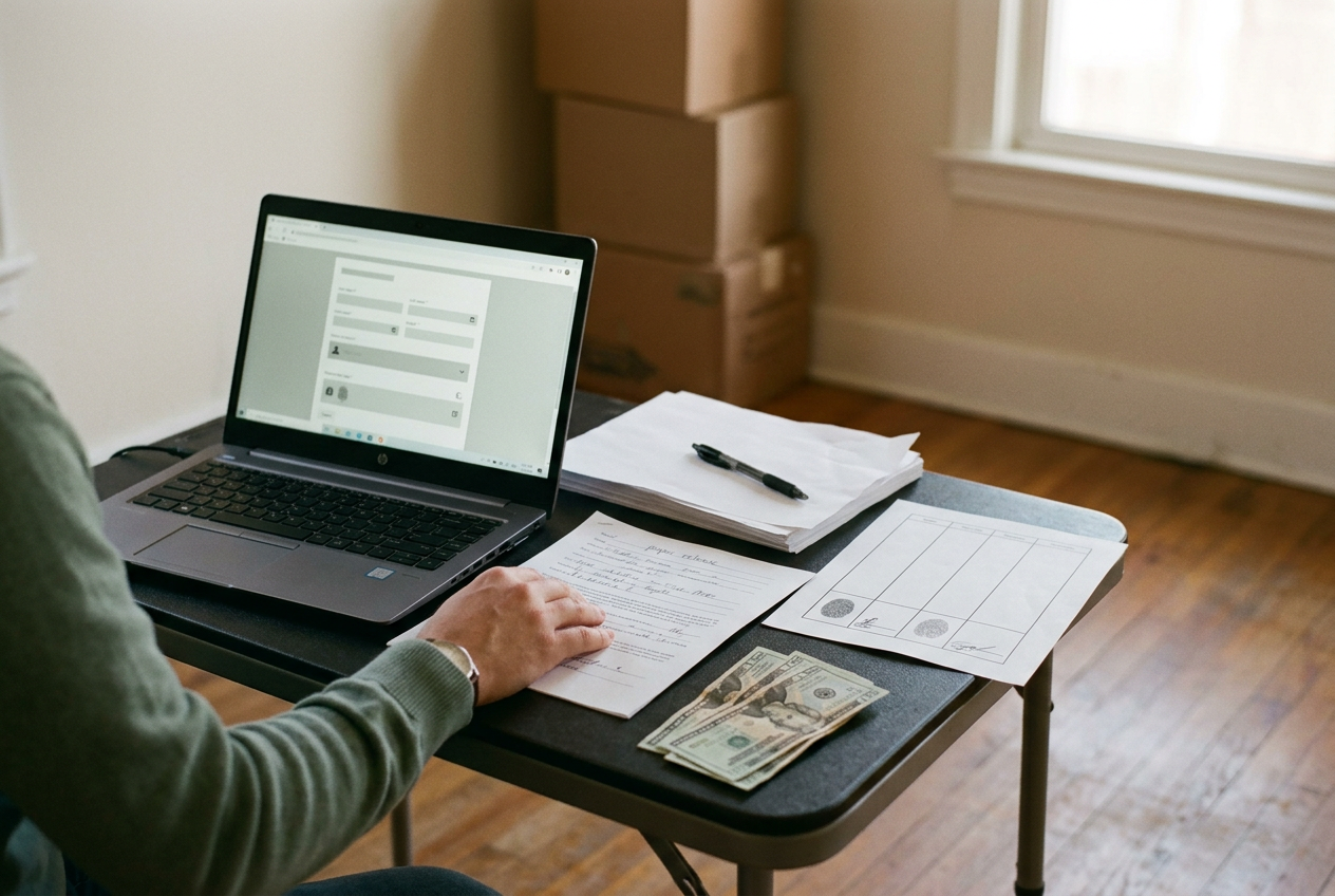 A film set folding table with a printed spreadsheet beside release papers and a laptop used for performer scans.