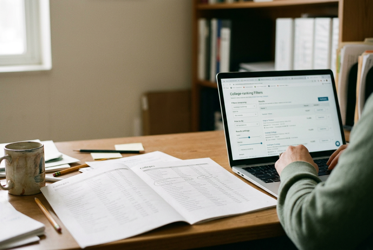 A printed college list beside a laptop, with two estimated yearly costs written in pencil.