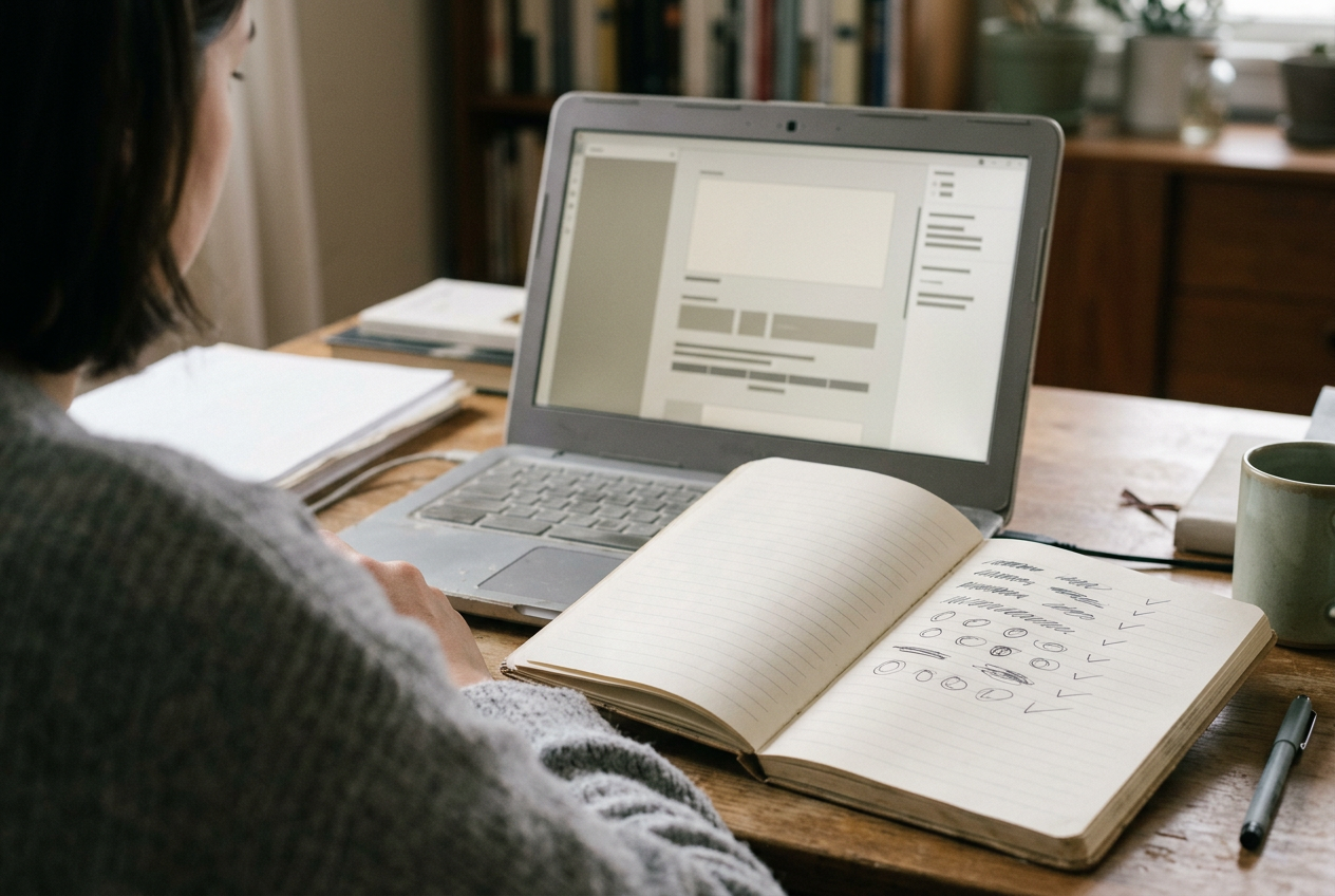 An open notebook beside a laptop displaying an AI-assisted crisis chat panel with all message text obscured.