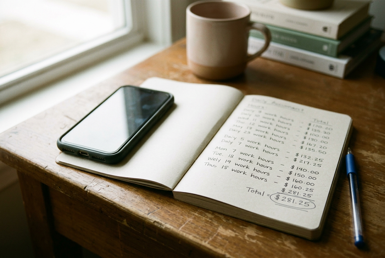 A phone with a face-verification screen rests beside a notebook containing handwritten hours and dollar amounts.