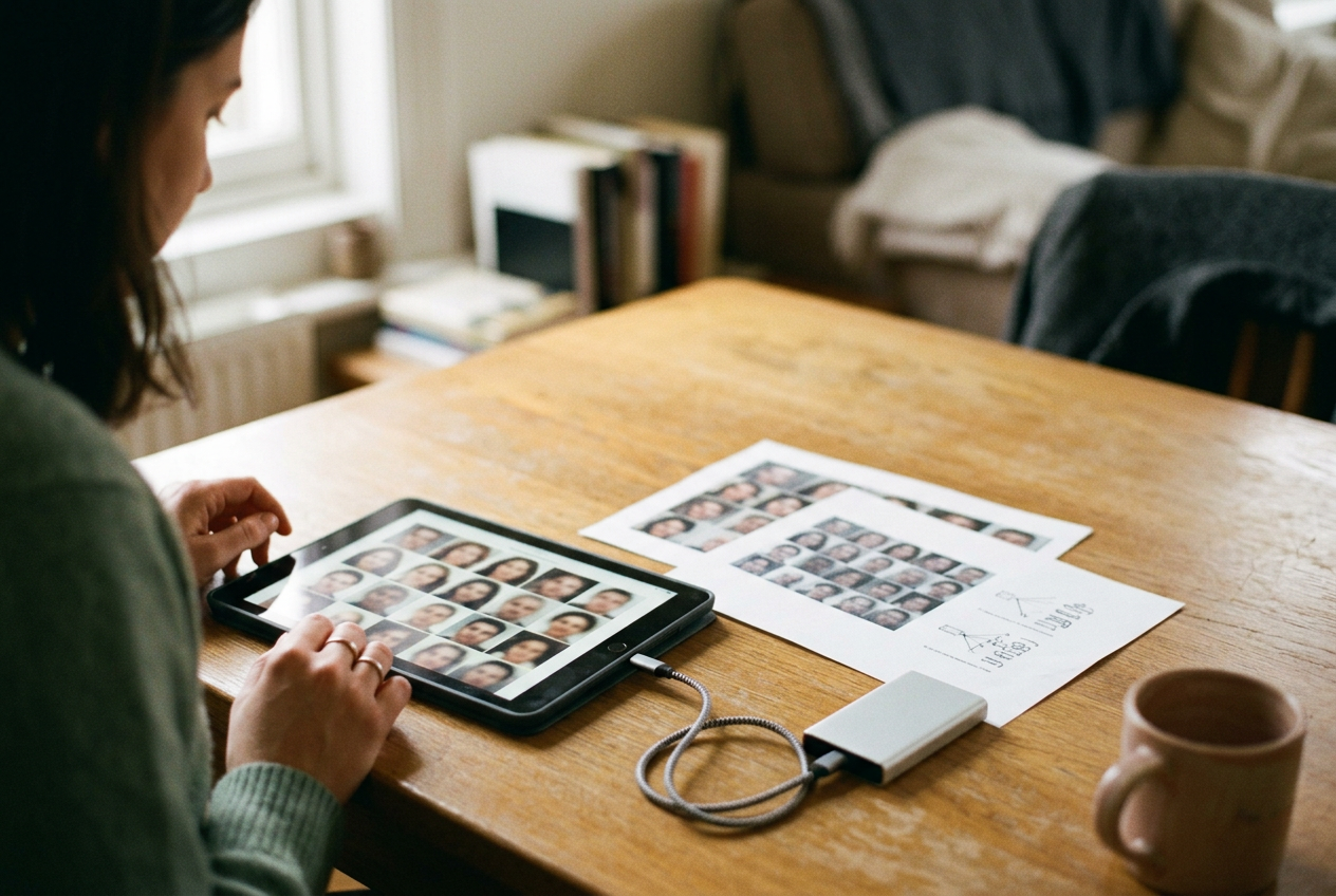 A tablet showing a grouped photo library beside two printed screenshots and an external storage drive.