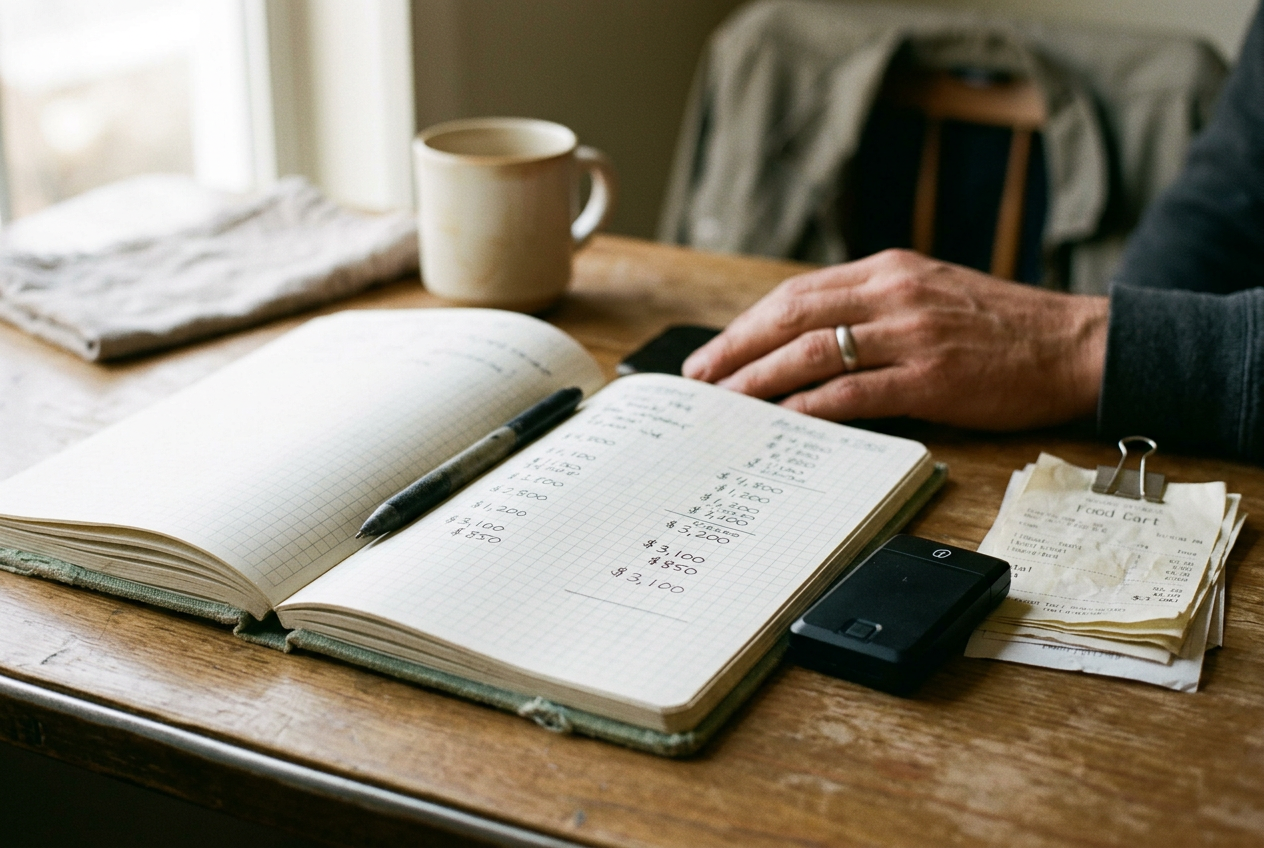 A vendor’s notebook open to loan figures beside a card reader and a stack of food-cart receipts.