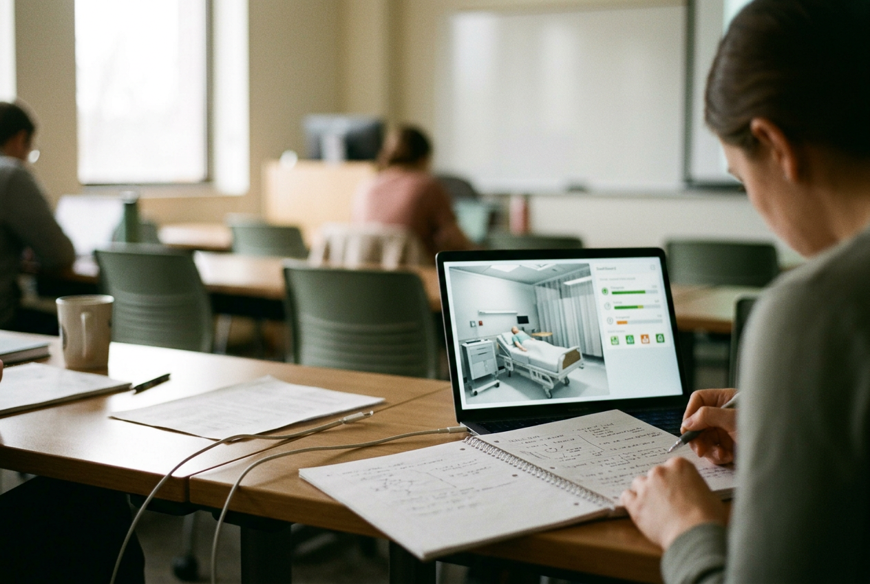 A nursing student’s notebook beside a laptop displaying a virtual patient and performance score.