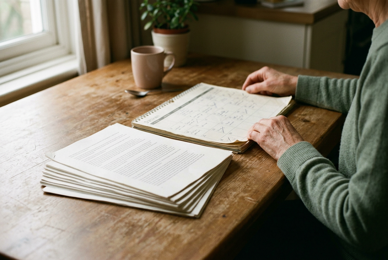 A printed prompt log and paper calendar resting together on a kitchen table.