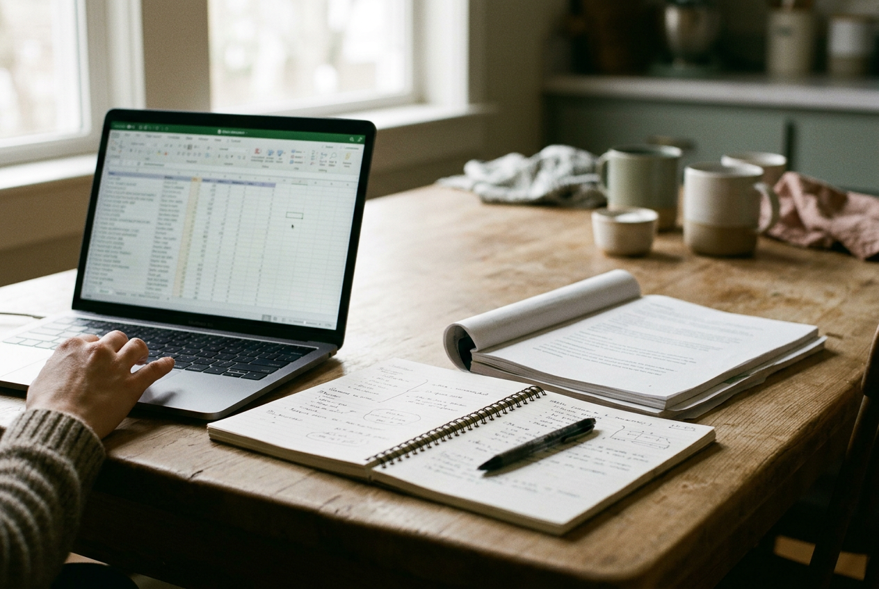 A cookbook manuscript, laptop spreadsheet, and open testing notebook on a kitchen table.