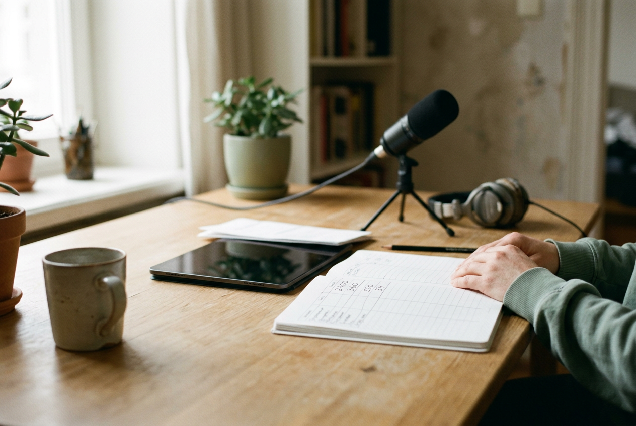 A narrator’s microphone beside a spreadsheet comparing human and synthetic audiobook payments.